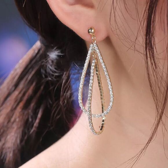 💎A118💎 STUNNING SILVER PLATED INLAID DIAMOND LONG DROP SHAPED EARRINGS - Picture 4 of 7